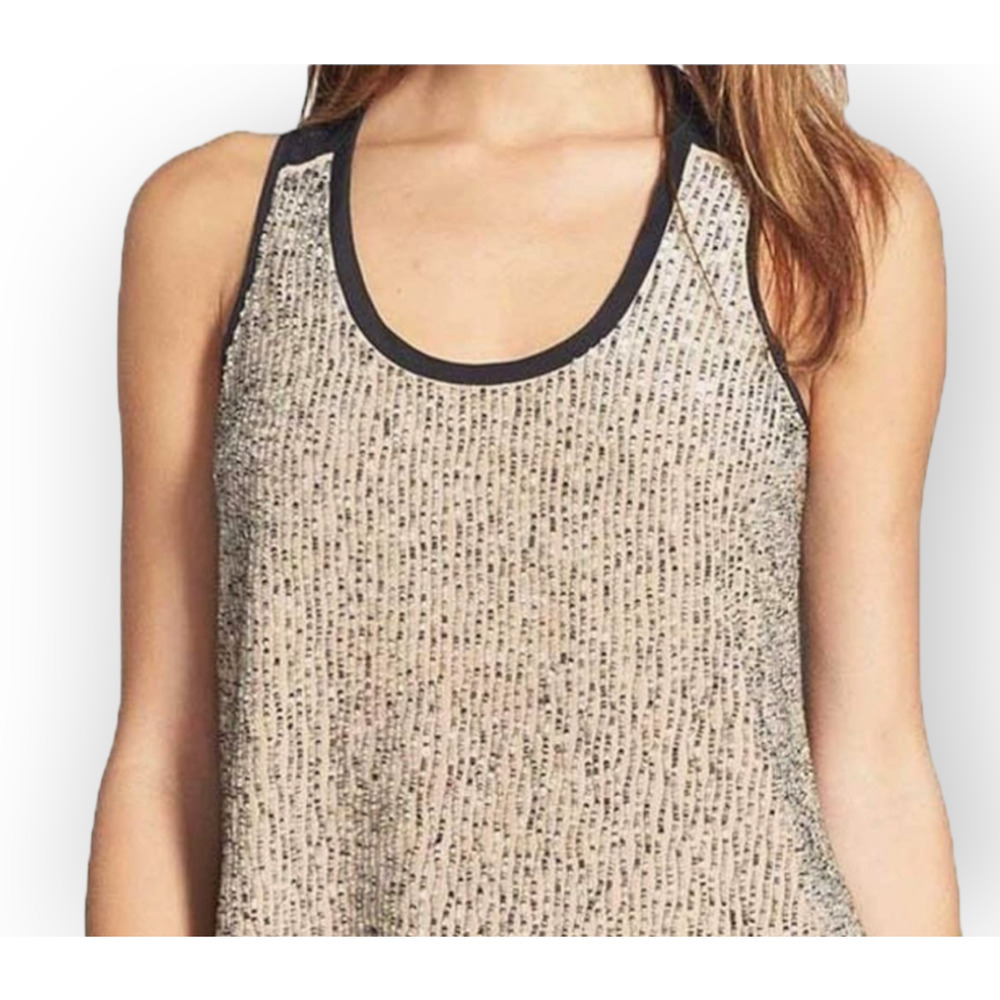 Eileen Fisher Tan Silk Crepe Contrast Back Beaded Sleeveless Racer Back Blouse L
